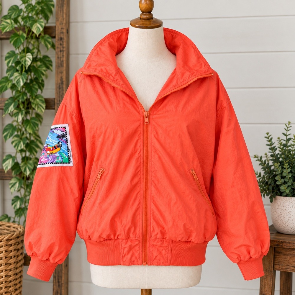 Vintage Hotdogger USA Neon Orange Windbreaker Jacket Graphic Patch Mens Medium